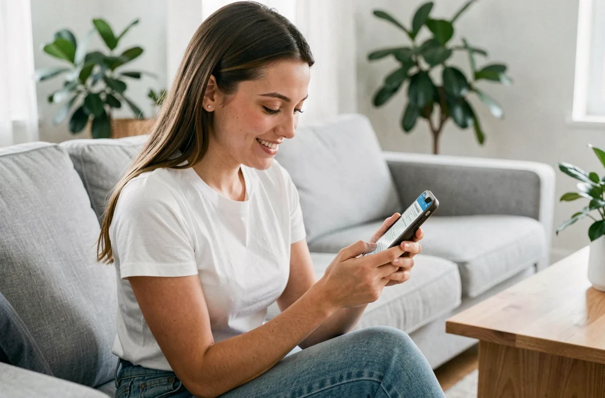 Jeune femme téléchargeant son attestation mutuelle santé sur smartphone depuis son canapé
