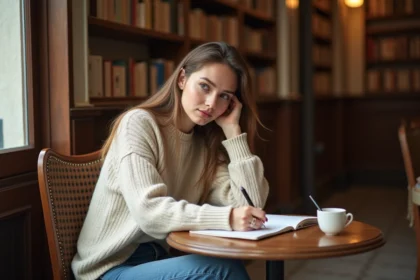 Jeune femme écrivant dans un café parisien chaleureux
