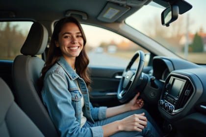 Jeune femme souriante au volant d'une voiture moderne