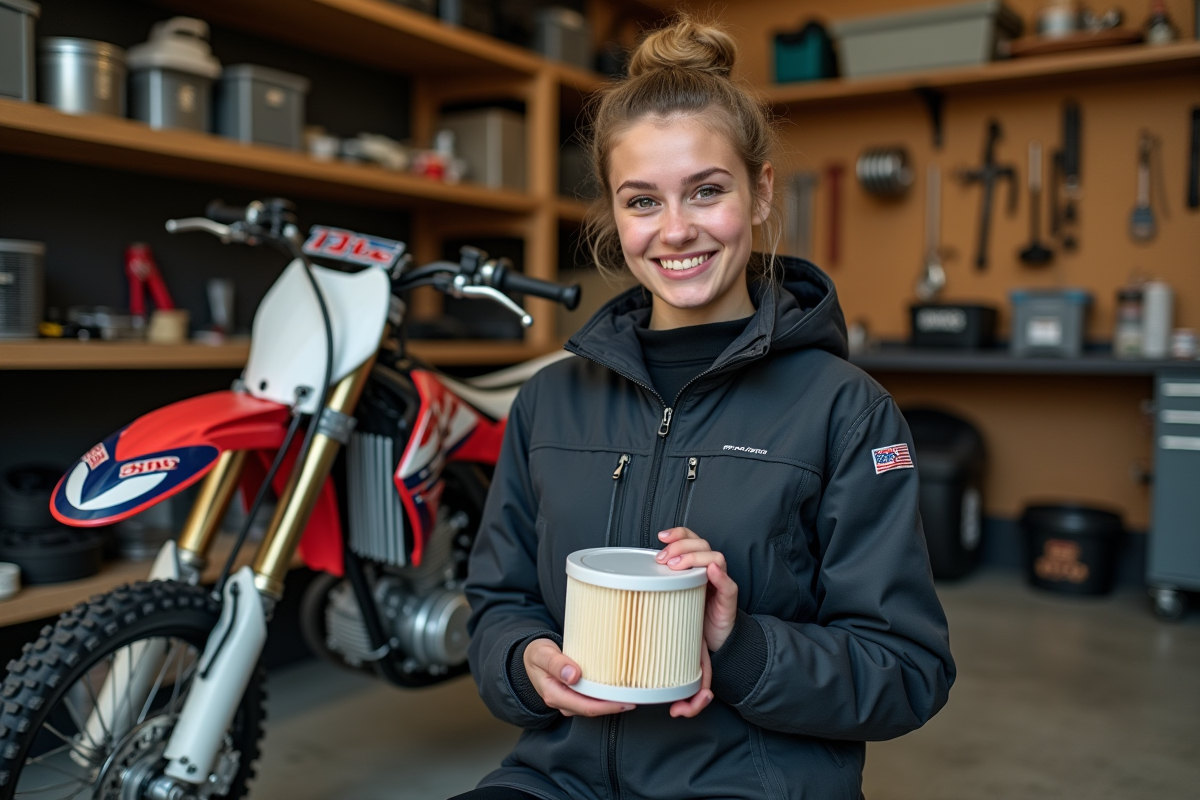Jeune femme tenant un filtre à air dans un garage motocross