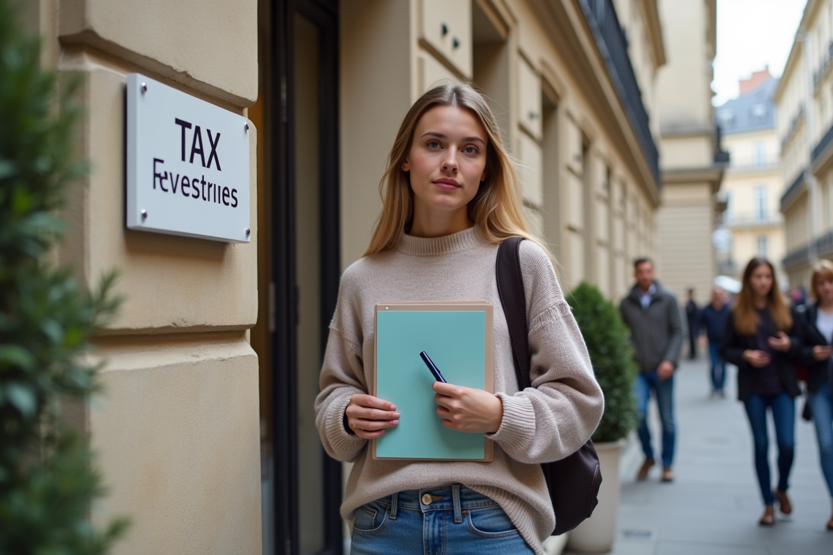Jeune femme avec dossier de formulaires devant bâtiment administratif