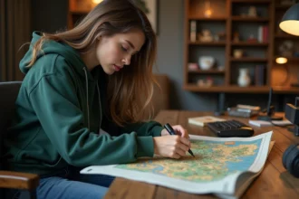 Jeune femme examinant une carte de jeu avec concentration