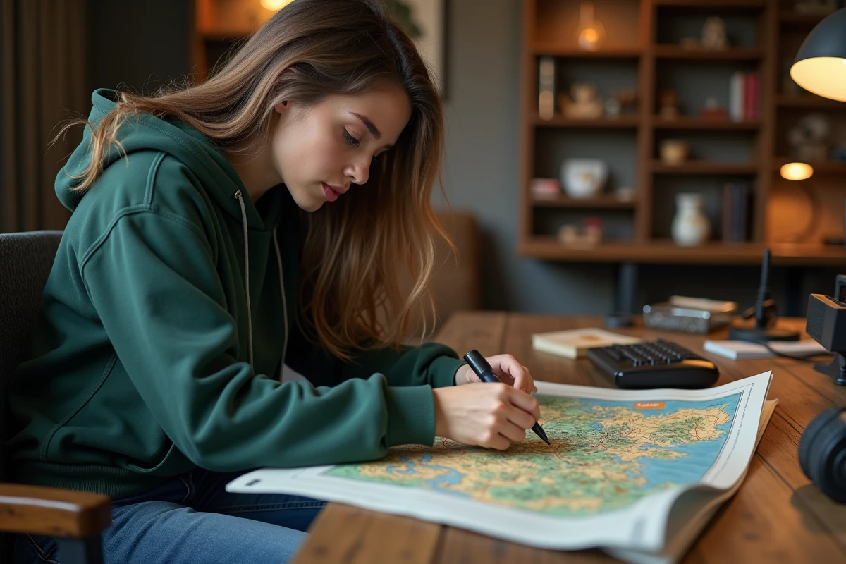 Jeune femme examinant une carte de jeu avec concentration