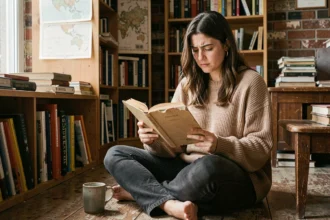 Jeune femme lisant Kierkegaard dans un appartement bohème, en quête de sens et de philosophie existentielle