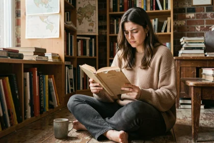 Jeune femme lisant Kierkegaard dans un appartement bohème, en quête de sens et de philosophie existentielle