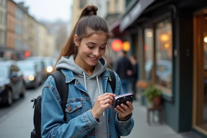 Jeune femme en ville ajustant une radio FM