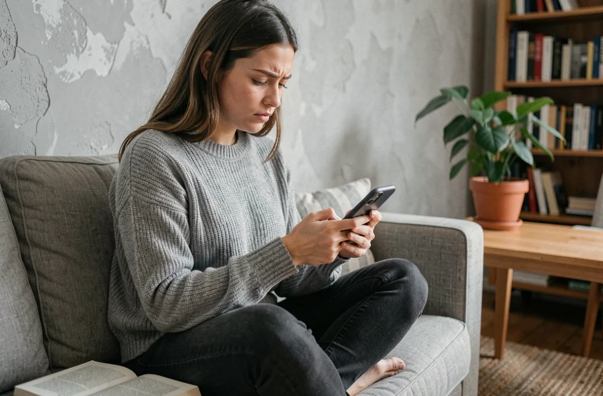 Jeune femme relisant attentivement un message sur son smartphone assise sur un canapé dans un salon cosy