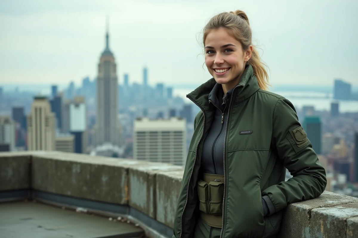 Jeune femme souriante sur un toit avec vue urbaine