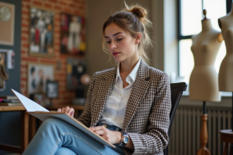 Jeune femme stylée dans un studio de mode en train de revoir un croquis