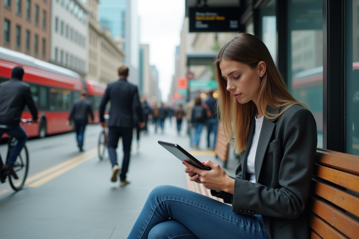 Jeune femme en blazer travaillant sur une tablette en ville