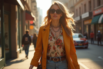 Jeune femme confiante marchant en ville avec style vintage et moderne