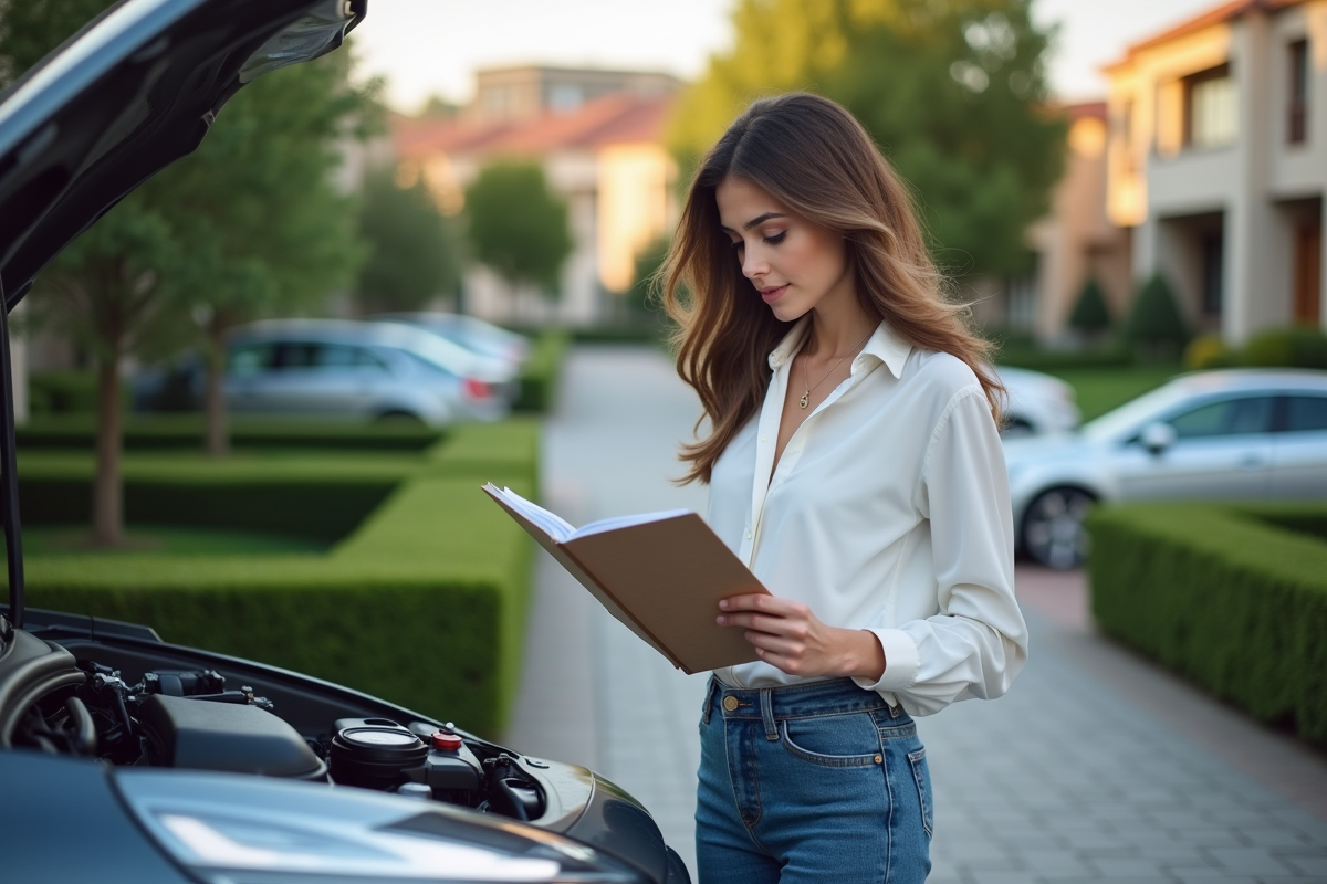 Jeune femme vérifiant le moteur d