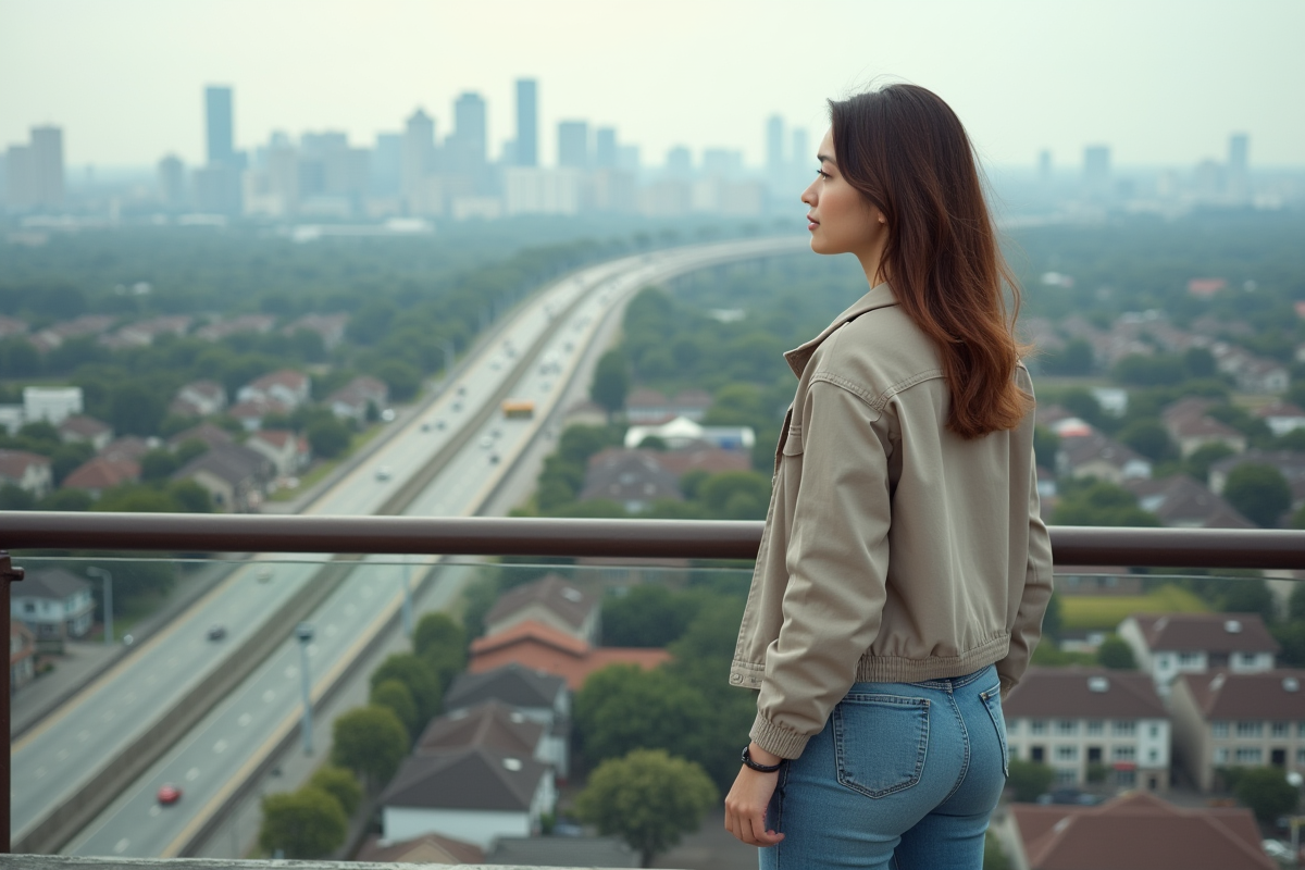 Jeune femme regardant la ville depuis un toit urbain