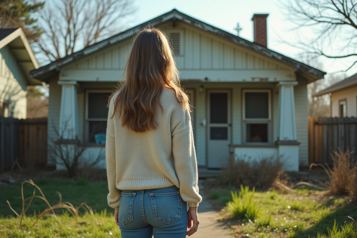 Jeune femme regardant une maison en mauvais état dehors