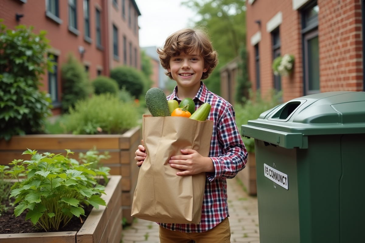 Jeune garçon avec sac de courses dans jardin urbain