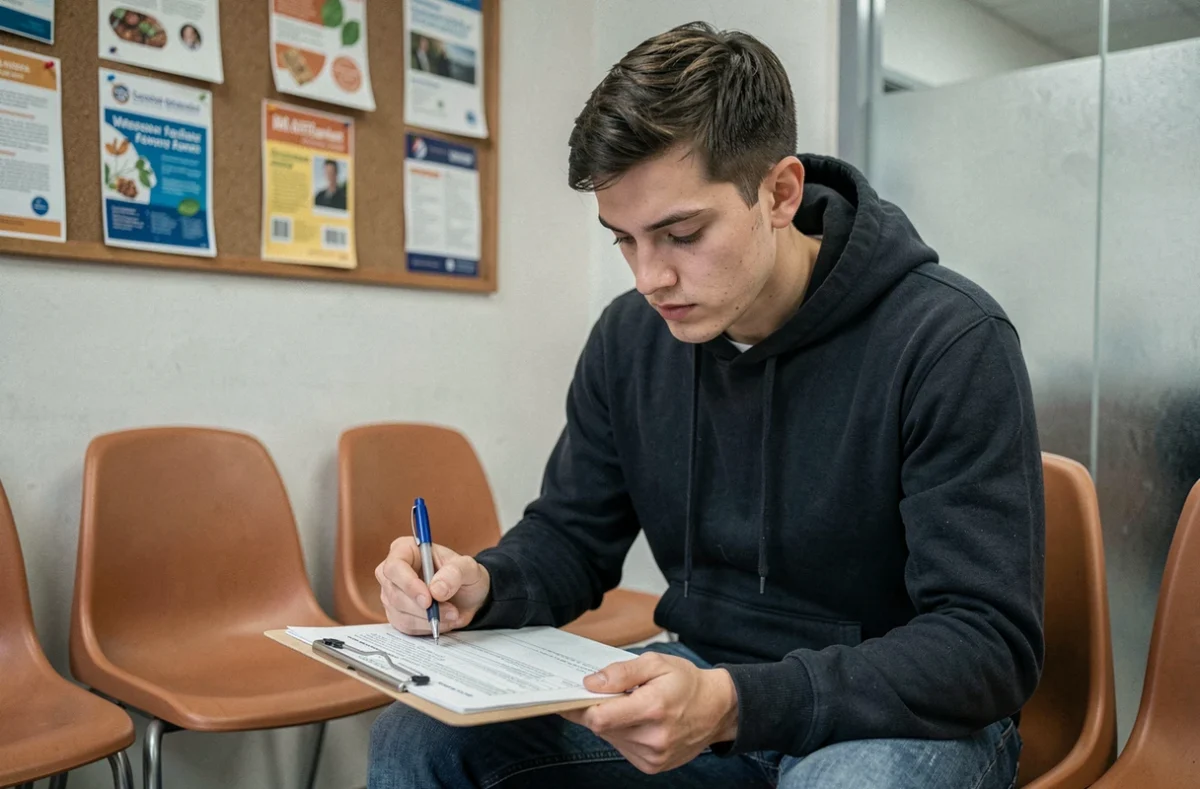 Jeune homme remplissant un dossier de demande de CMU dans une salle d'attente administrative