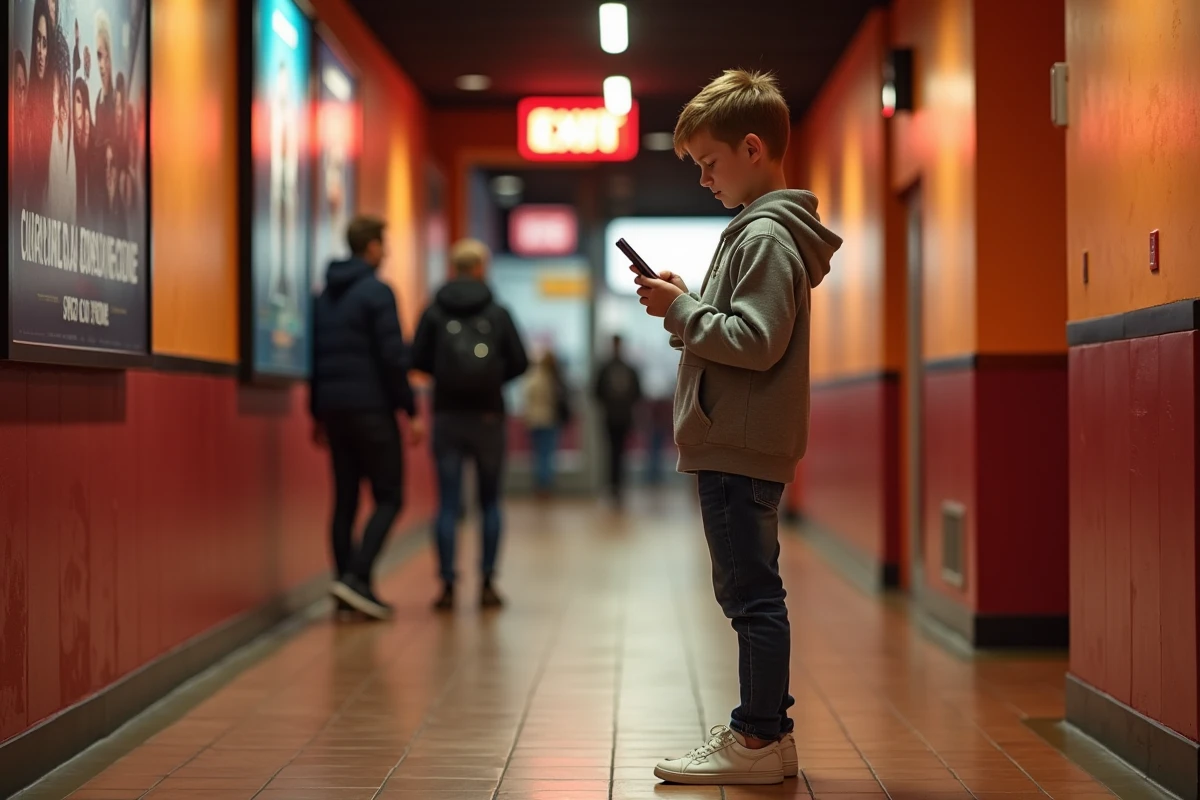 Jeune garçon dans un hall de cinéma regardant son smartphone