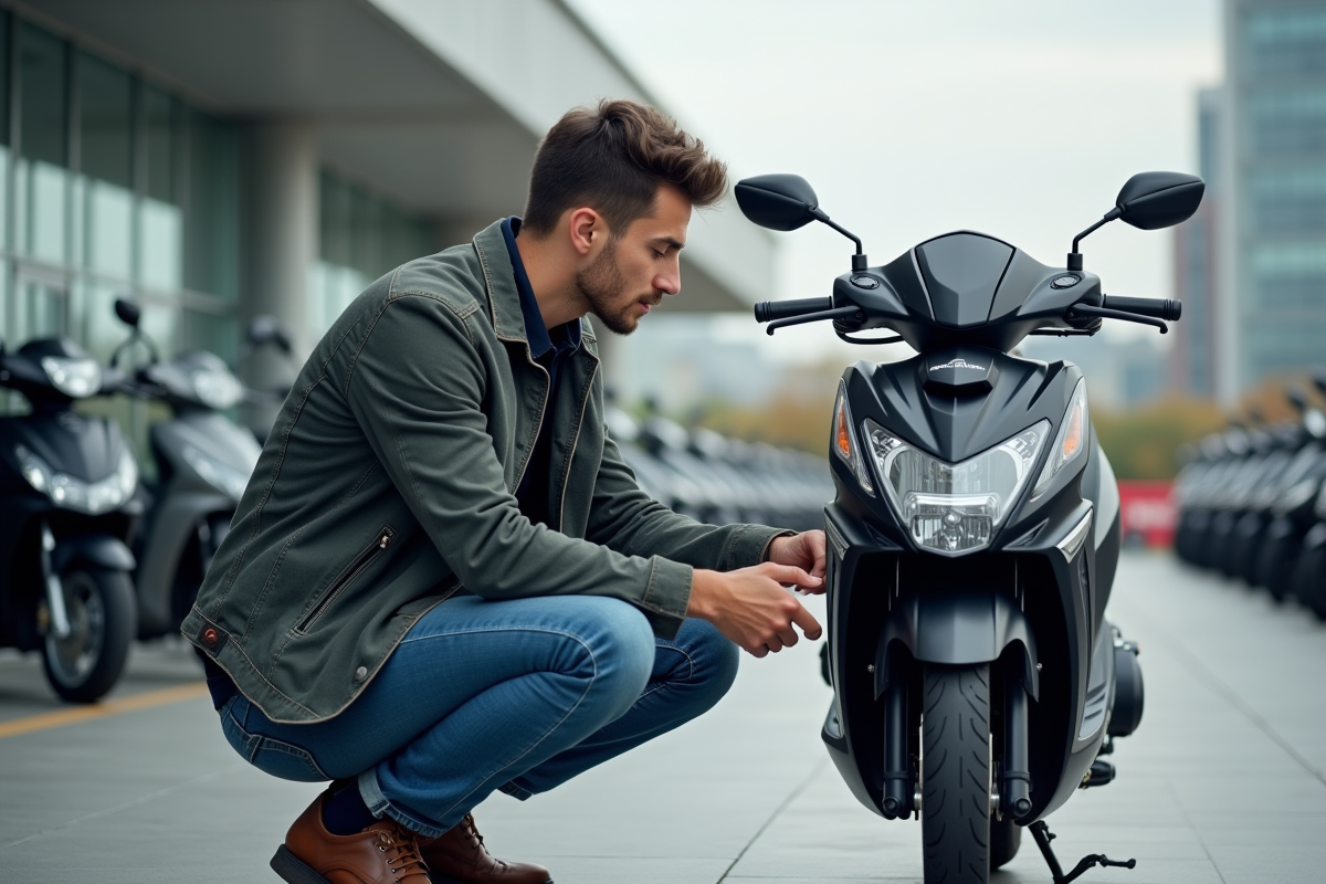 Jeune homme inspectant le tableau de bord d'une moto 125cc neuve