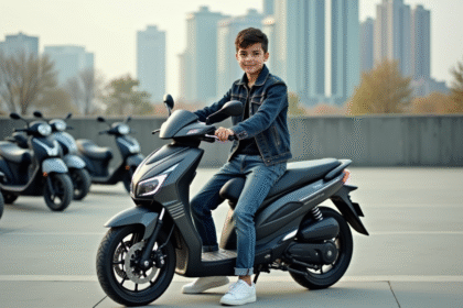 Jeune homme en denim sur moto en ville