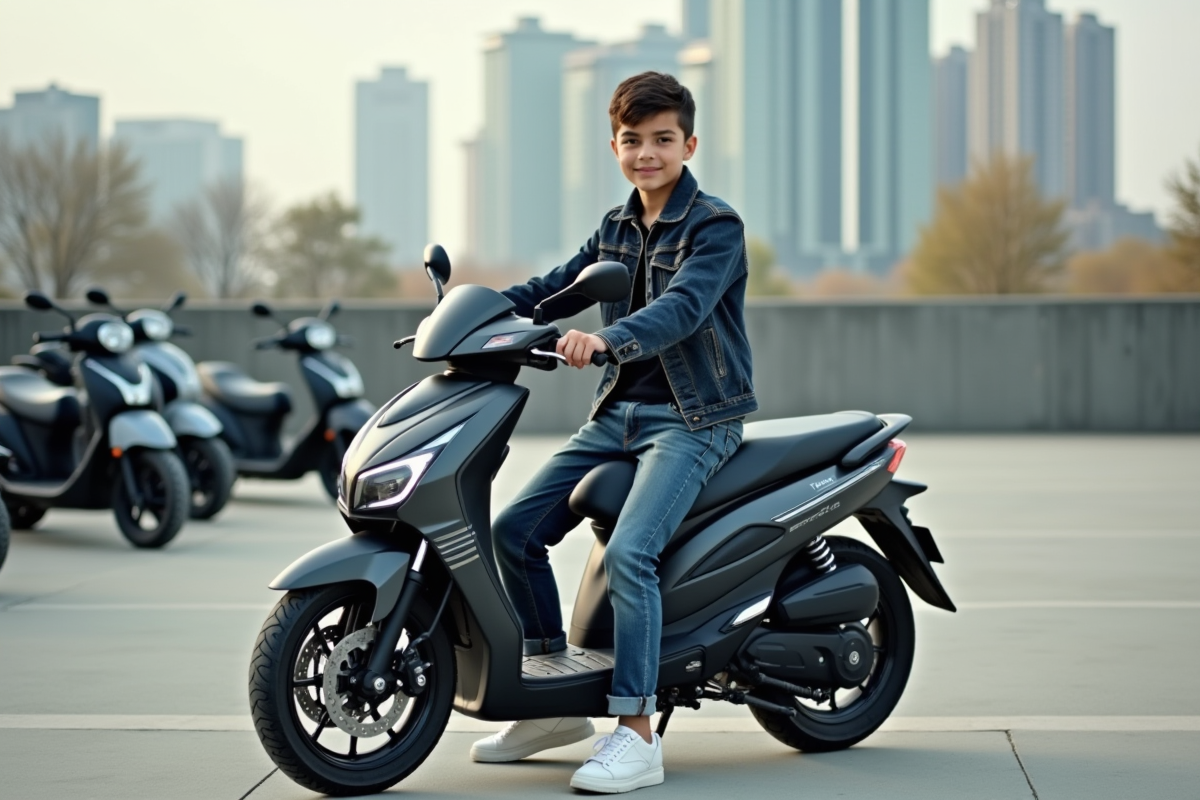 Jeune homme en denim sur moto en ville