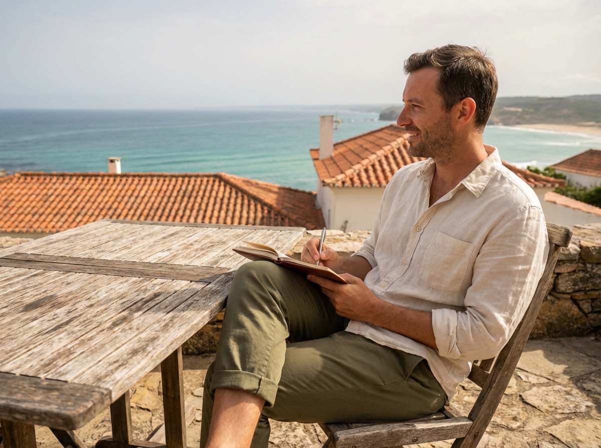 Jeune homme écrivant sur une terrasse en bord de mer
