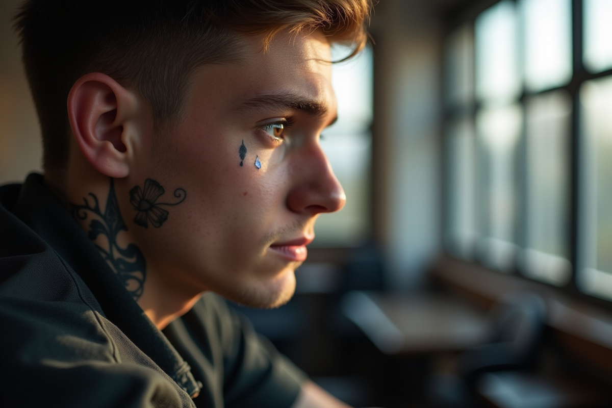 Jeune homme avec tatouage larme sous l'œil dans un studio moderne