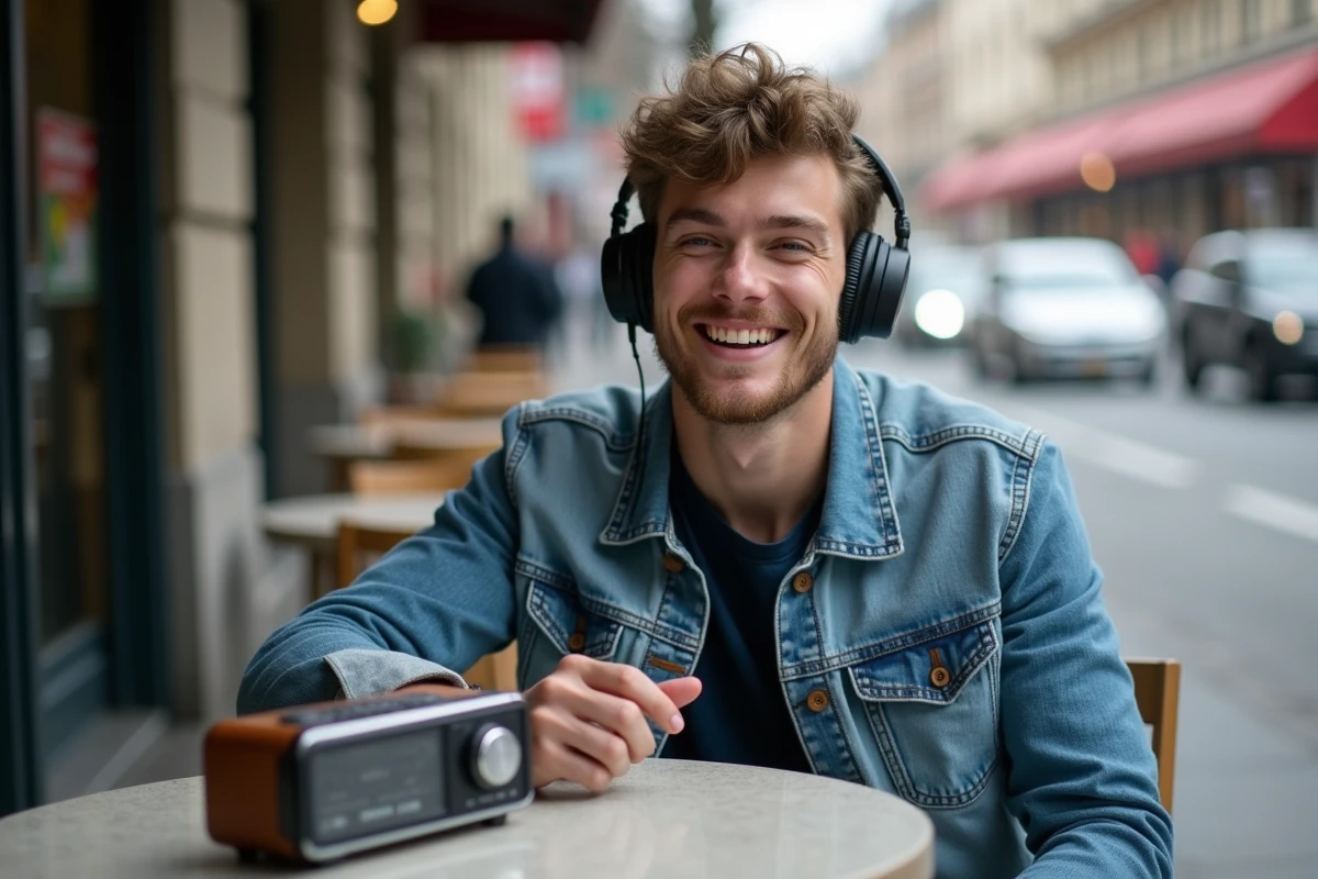 Jeune homme souriant avec radio portable en ville