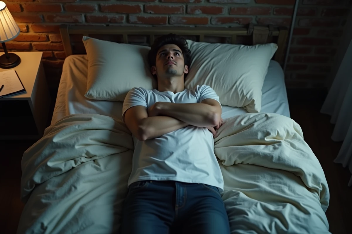 Jeune homme allongé seul sur un lit défait fixant le plafond, expression pensive et mélancolique illustrant l'isolement et la solitude intérieure
