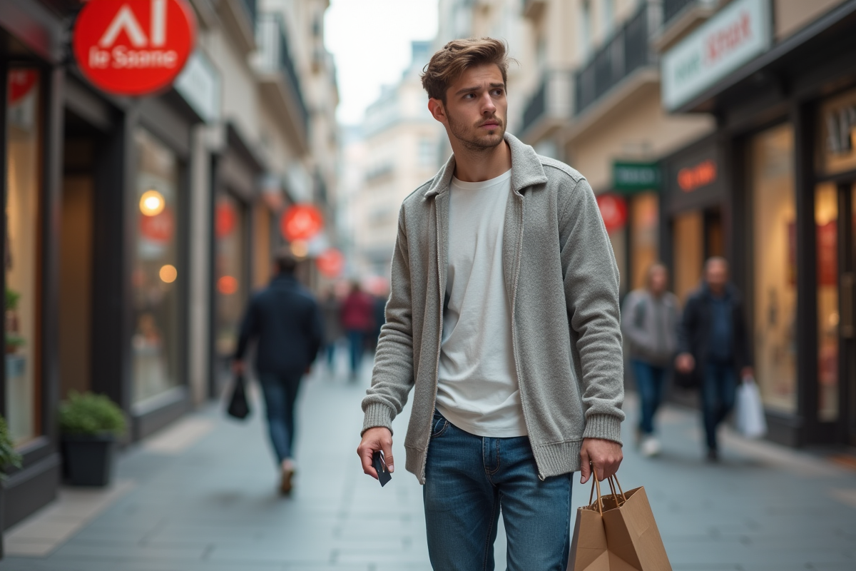Jeune homme dans une rue commerçante urbaine