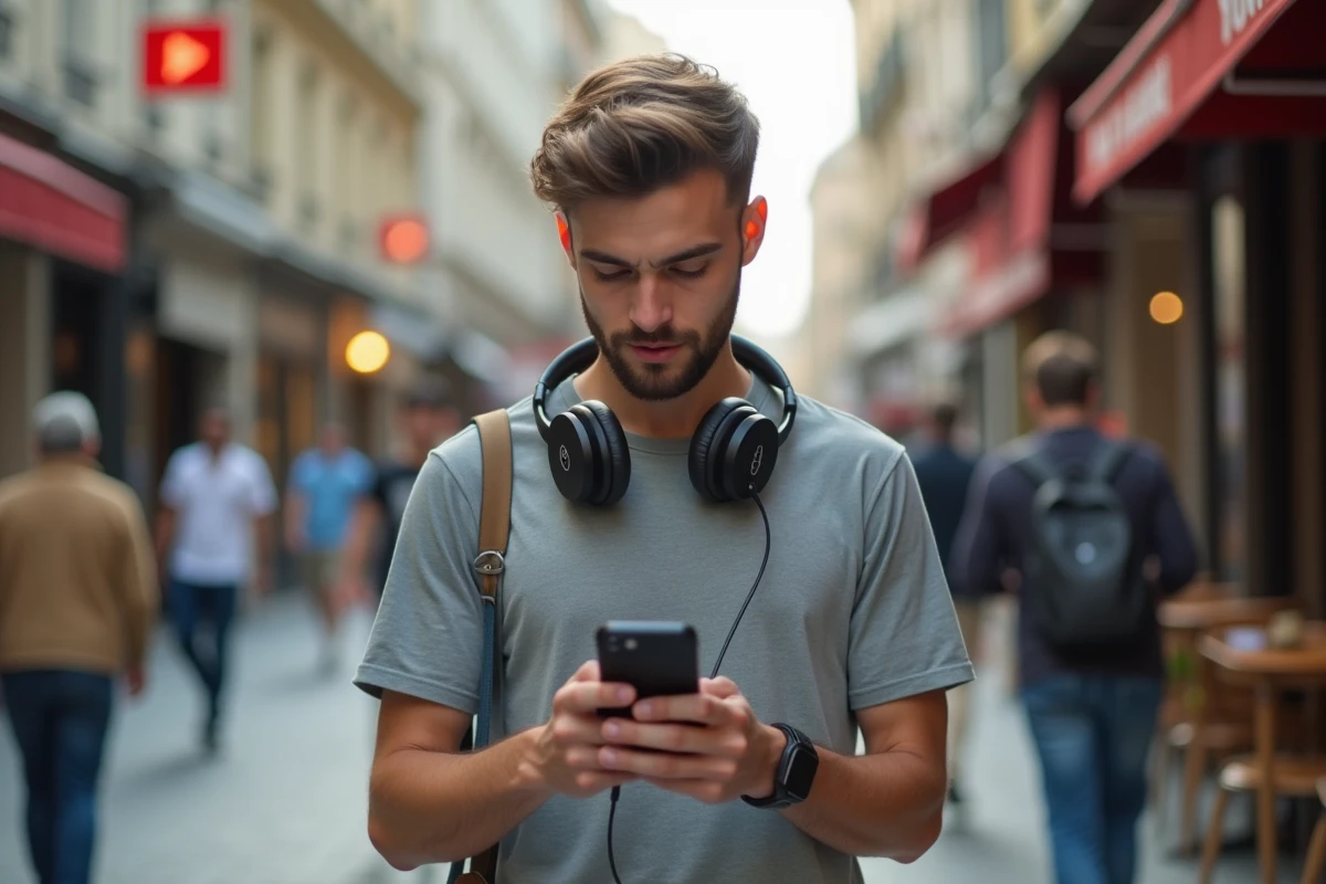 Jeune homme regarde YouTube sur son smartphone en ville