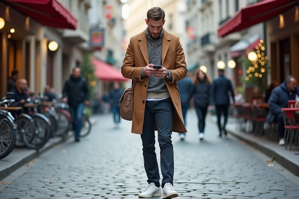 Jeune homme regardant son outfit en ville
