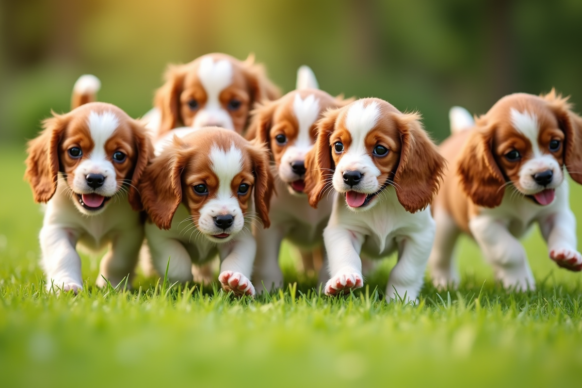 Plusieurs chiots cavalier king charles jouant ensemble