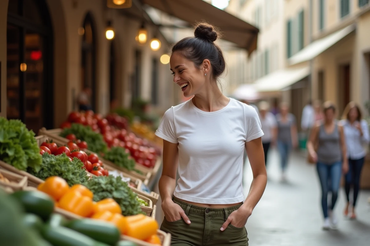 Femme brune riant au marché provençal en plein air parmi les étals de légumes frais, moment de vie quotidienne authentique
