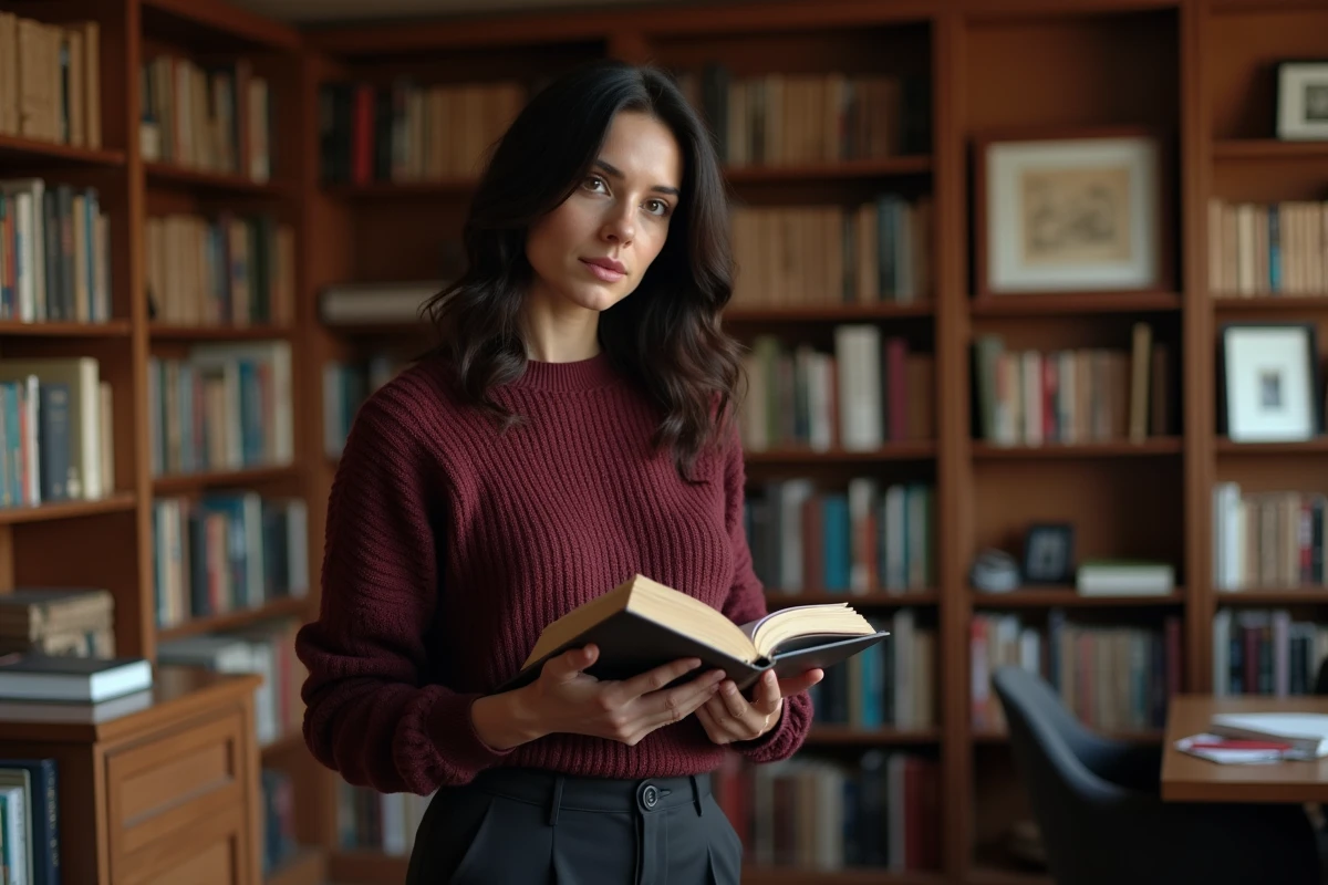 Femme brune dans une bibliothèque chaleureuse tenant un livre ouvert, ambiance intellectuelle et intimiste à la maison