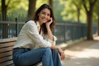 Femme brune décontractée assise sur un banc dans un parc urbain parisien, sourire naturel et regard pensif