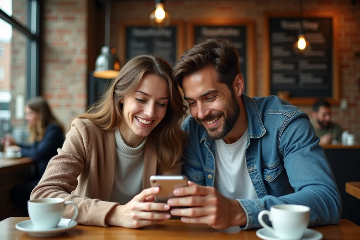 Deux amis jouant ensemble à Wordle sur smartphone dans un café urbain avec murs en briques apparentes