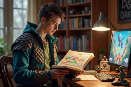 Joueur étudiant un tableau d'efficacité des types dans un guide stratégique Pokémon avec des figurines et cartes sur le bureau