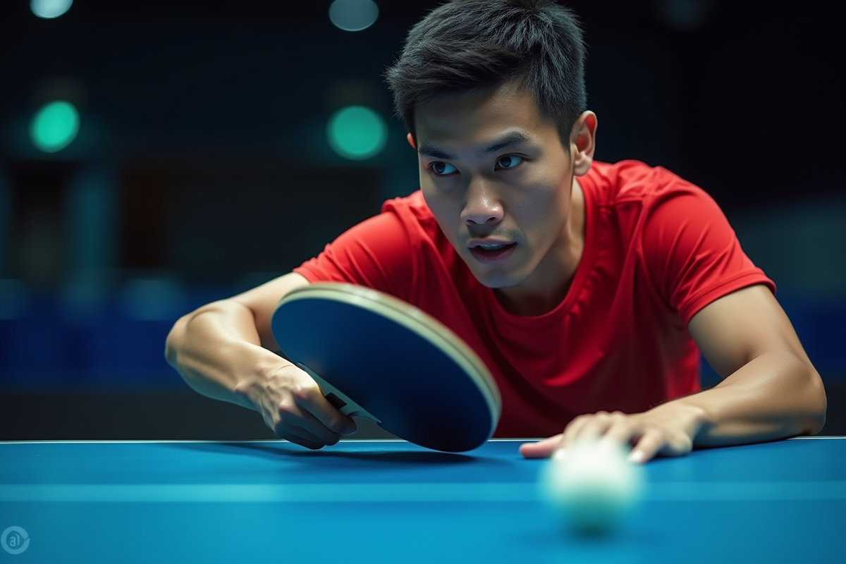 Joueur de ping pong en pleine action avec la raquette et la balle
