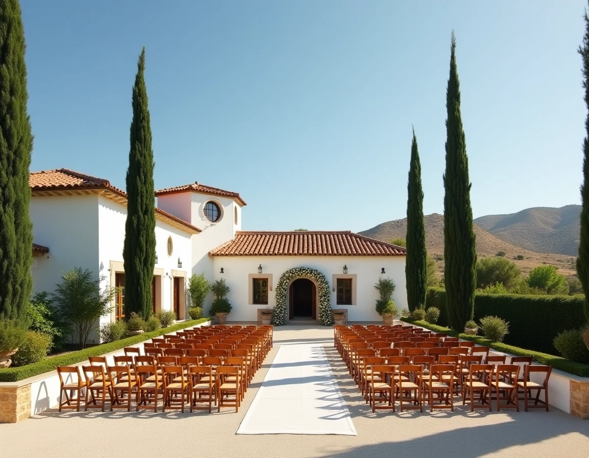La Finca del Sol près de Perpignan avec bâtiment de style catalan blanc, cyprès et espace cérémonie extérieur