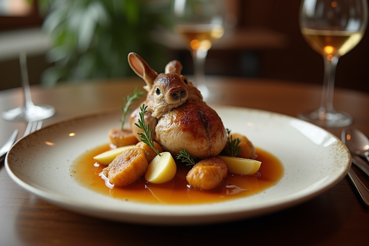 Assiette de lapin au cidre avec légumes et pommes dans une salle élégante