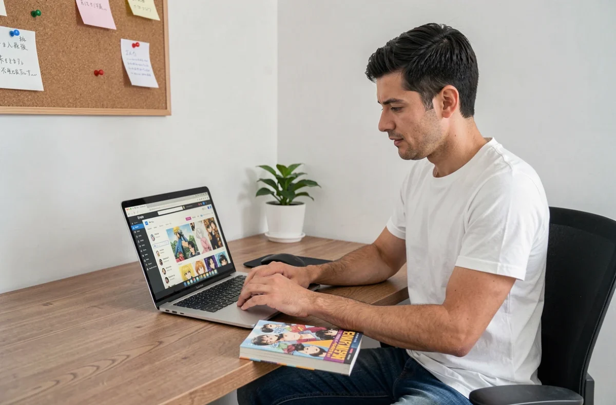 Homme comparant la lecture de manga en ligne en VF sur ordinateur portable avec un volume physique