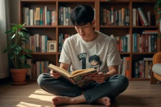 Jeune homme lisant un manga One Piece dans sa chambre entourée de figurines et de volumes de manga
