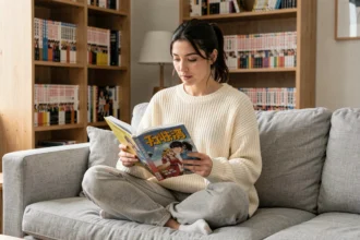 Jeune femme lisant un manga ou une bande dessinée sur un canapé dans un salon moderne avec des étagères remplies de volumes