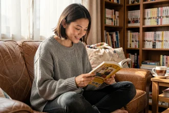Jeune femme lisant un manga en version française sur un canapé en cuir dans un appartement cosy