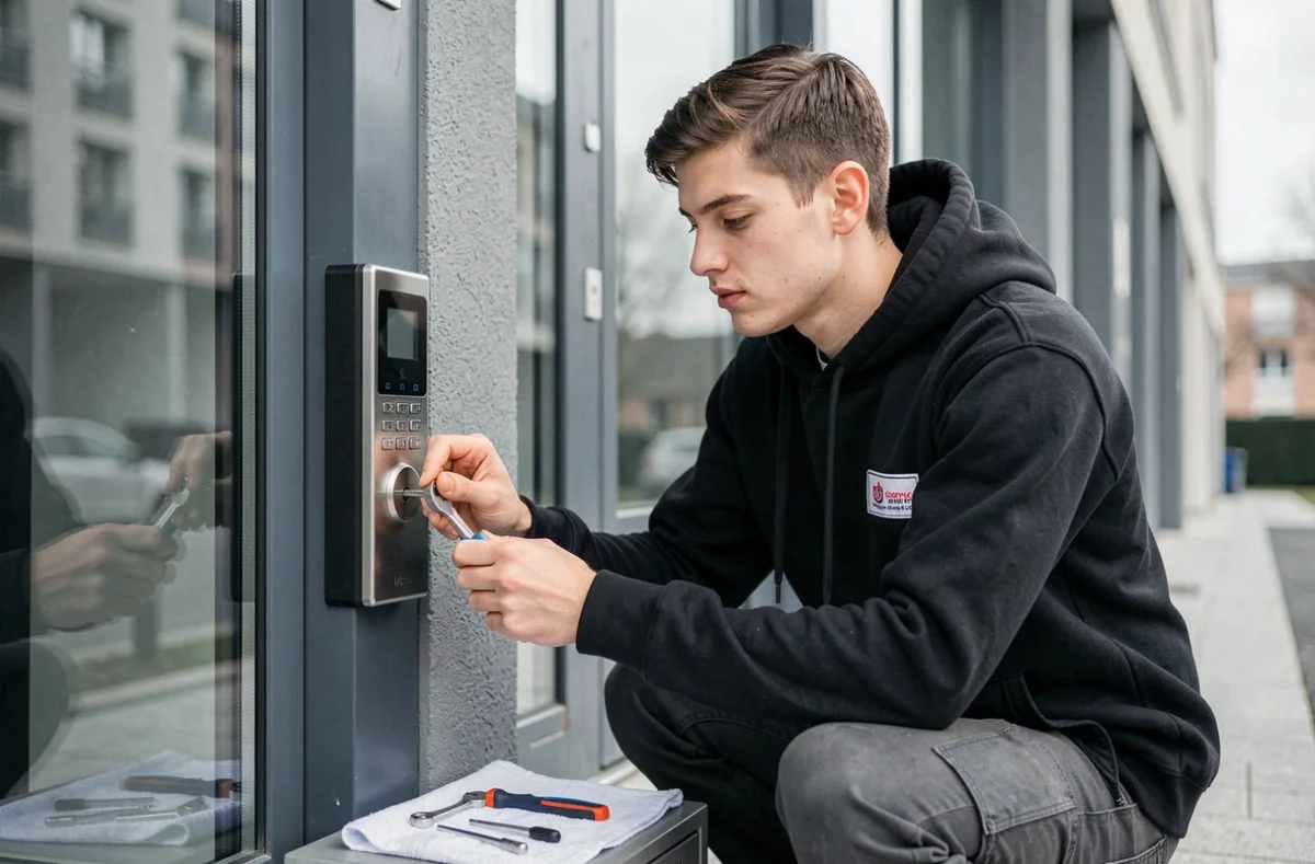 Artisan des Artisans42 reprogrammant une serrure à code numérique dans un immeuble de Saint-Étienne