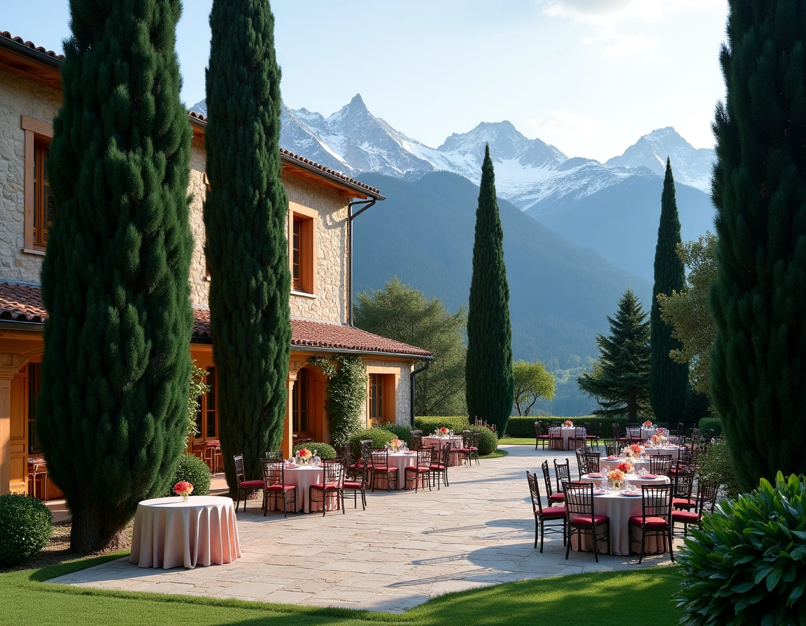 Les Cèdres Bleus dans les Pyrénées-Orientales avec terrasse de réception et grands cèdres devant un panorama montagneux