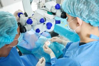 Chirurgien et assistant en pleine intervention de microchirurgie