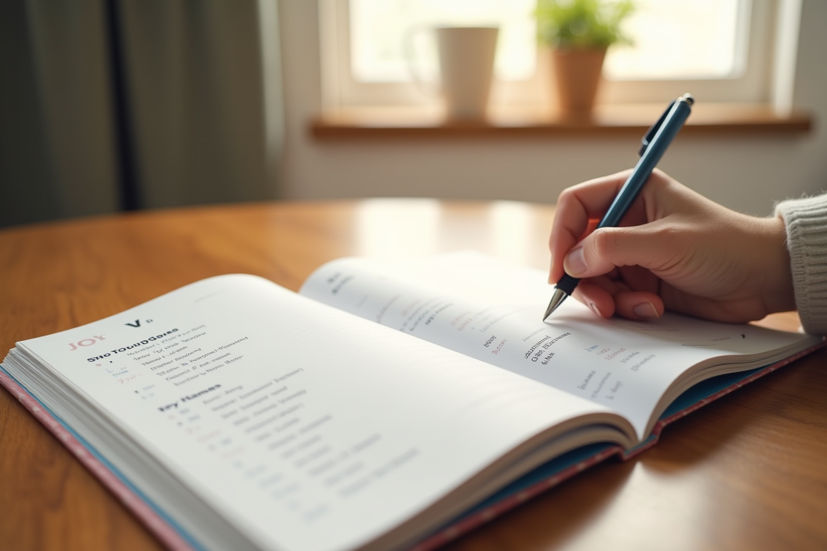 Livre de prénoms ouverts avec stylo sur une table en intérieur moderne