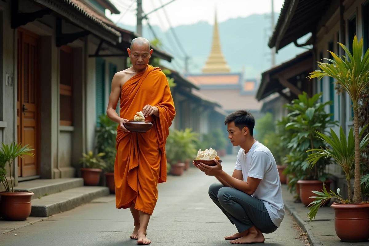 Moine bouddhiste thaïlandais en robe safran recevant une offrande d'un jeune homme agenouillé lors de la collecte matinale d'aumônes dans une rue de village traditionnel en Thaïlande