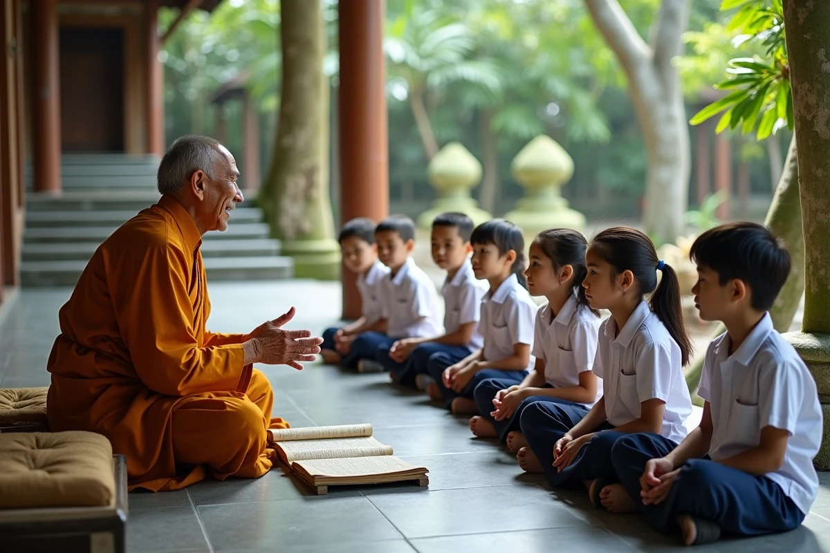 Écoliers thaïlandais en uniforme écoutant les enseignements d'un moine bouddhiste âgé dans un pavillon de temple, éducation spirituelle et respect de Luang Por en Thaïlande